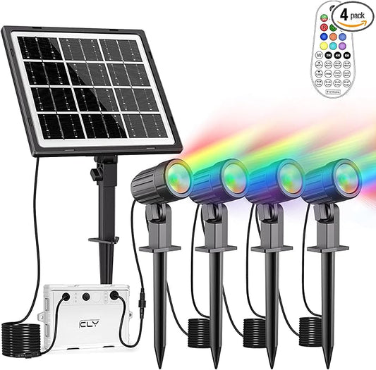 CLY 4-in-1 Solar Spot Lights Outdoor Color Changing, Solar Landscape Spotlights RGB Lighting IP66 Waterproof 45.93ft Cable Auto ON/Off Adjustable Garden Spotlight for Yard, Garden, Pool, Lawn, Statue CLY