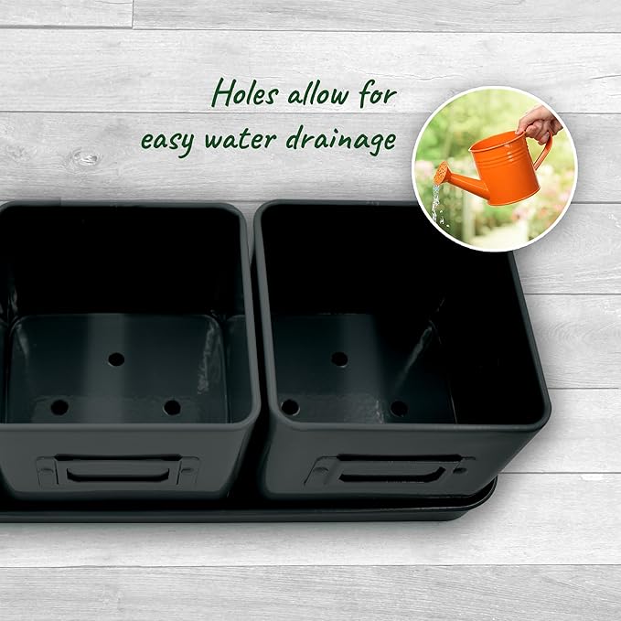 volila Herb Planter Indoor - Set of 3 Black Indoor Herb Garden Pots for Plants with Leather Handled Tray - Window Sill Plant Shelf - Herb Pots with Drainage Holes and Labels volila