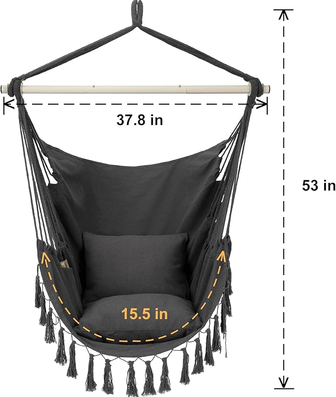 Y- STOP Hammock Chair Hanging Rope Swing, Max 500 Lbs, 2 Cushions Included, Large Macrame Hanging Chair with Pocket, Cotton Weave for Superior Comfort, Durability (Dark Grey) Y-STOP