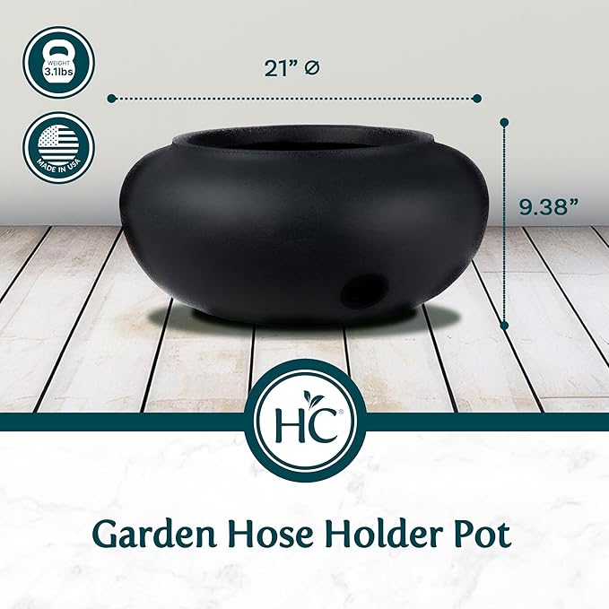 The HC Companies 21 Inch Garden Hose Pot - Durable Lightweight Plastic Decorative Hose Pot for Yard, 100-Foot Capacity Hose Storage, Black TheHCCompanies