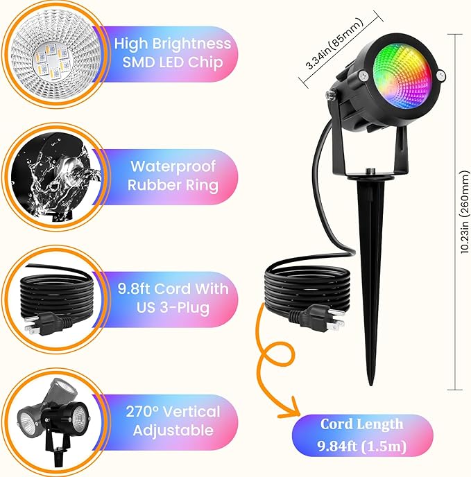 Halloween Christmas Spotlights Outdoor: RGBW Spot lights Plug in 120V Remote Control 16 Color Changing Waterproof LED Landscape Spotlights for Yard Garden Lawn Holiday Décor, 6 Pack (RGB + Warm Light) CoziTech