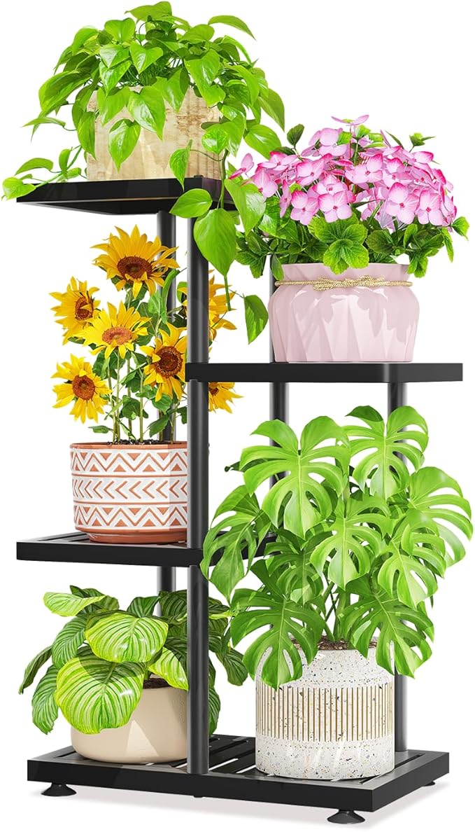 LASZOLA 3 Tier Plant Stand Indoors Outdoors for Large Heavy Duty Planter, Black Metal Tall Flower Holder Rack with Multiple Shelf for Modern Patio Corner, Vertical Organizer, Weather Resistant Bracket LASZOLA