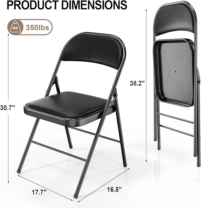 VINGLI 10 Pack Folding Chairs with Padded Seats, Metal Frame with Pu Leather Seat & Back, Capacity 350 lbs, Black VINGLI