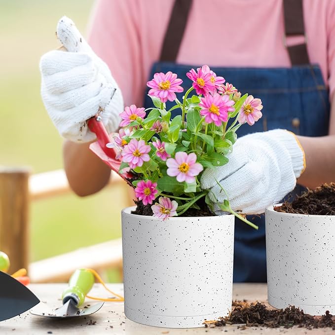 8/7/6 inch Flower Pots, 3 Set Cylindrical Plant Pots for Outdoor Indoor Plants, Decorative Plastic Planters with Drainage Holes and Saucers for Garden House Plants, White with Black Speckles Meowell
