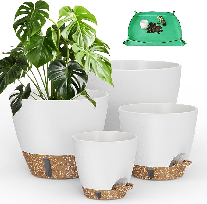 Plant Pots, 12" 10" 6" 8" Inch Self Watering Pots with Water Level Indicator, Set of 5 Flower Pots Indoor with Drainage Holes, Modern Planters for Indoor Outdoor Plants, Room & Office Décor Rootora