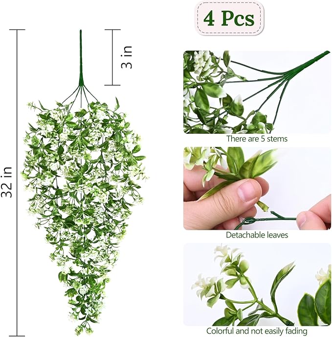 Waipfaru 4pcs Fake Hanging Plants, Artificial Hanging Flowers Faux Ivy Pothos Vines Greenery for Wall Home Bedroom Living Room Aesthetic Kitchen Office Aesthetic Kitchen Indoor Outdoor Decor Waipfaru