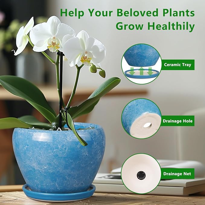 10 Inch Planter Pot - Ceramic Pots for Plants with Drainage Hole and Saucer, Round Large Flower Pot for Indoor Plants, Blue Ceramicfor