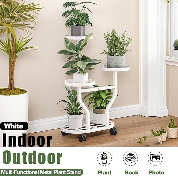 Plant Stand with Wheels 3 Tier Metal Plant Holder Corner Flower Shelf for Multiple Plants Display Rack for Bedroom Living Room Balcony Garden White (White, 3 Tier) YIZAIJIA