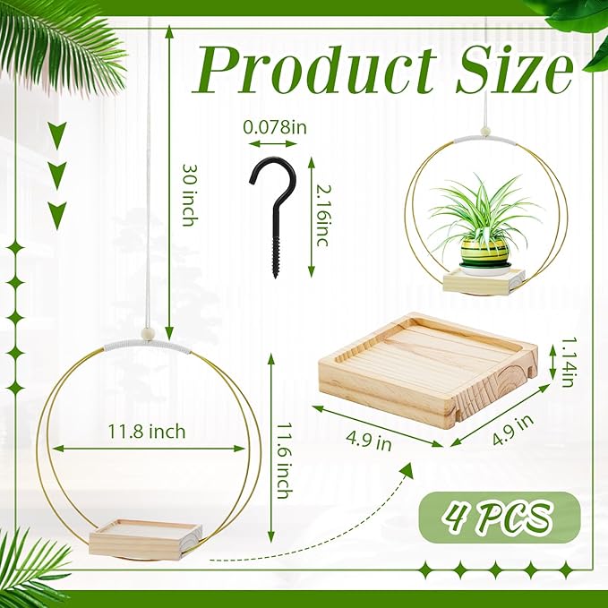 Geelin 4 Pack Plant Hanger with Wood Base Hanging Window Planter Boho Macrame Hanging Potted Plant Holders for Indoor Outdoor Window Wall Ceiling Home Decoration, Pot & Sapling Not Included(Gold) Geelin