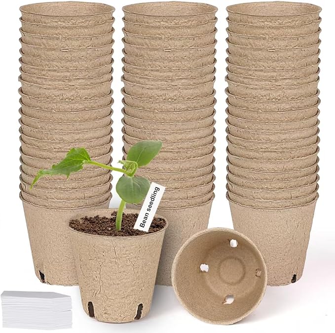 60 Packs 3.15 Inch Peat Pots,Biodegradable Pots for Seedlings with Drainage Holes, Garden Germination Nursery Pots with 50Pcs Plant Labels JNYONG