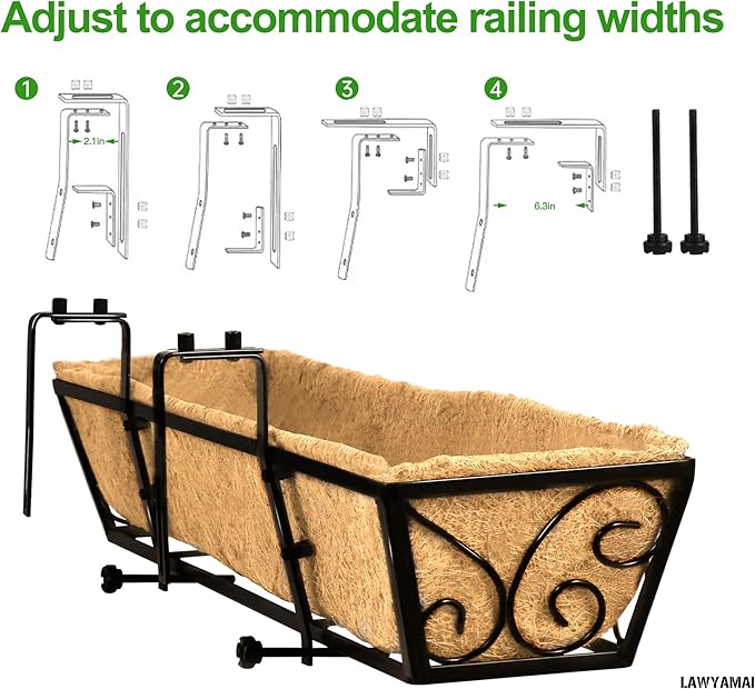 4pcs 24 Inch Window Deck with Coco Liner, 24" Window Boxes Horse Trough with Coconut Coir Liner, Metal Hanging Flower Planter Window Basket Deck Railing Planter Boxes for Outdoor Indoor Lawn LAWYAMAI