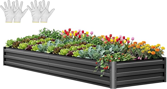 YITAHOME 12x4x1ft Large Raised Garden Bed Kit, Galvanized Metal Planter Box with Gloves, Ground Nails, Support Rod, Outdoor Above Ground Planters for Plants Vegetables Flowers, Black YITAHOME