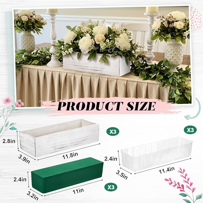 Dandat 3 Set Wood Boxes for Centerpieces 12x4 Inch Rectangle Wooden Planter Box Rustic Wooden Planters with Removable Plastic Liner Floral Foam Blocks for Christmas Wedding Home Garden Decor(White) Dandat