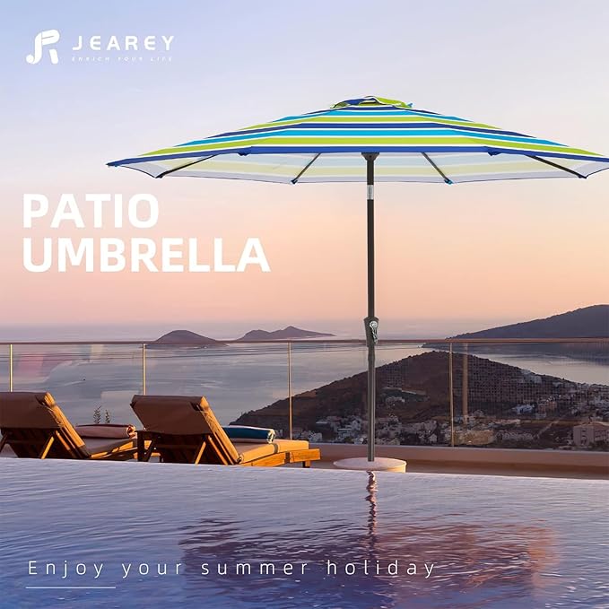 JEAREY 9FT Outdoor Patio Umbrella Outdoor Table Umbrella with Push Button Tilt and Crank, Market Umbrella 8 Sturdy Ribs UV Protection Waterproof for Garden, Deck, Backyard, Pool (Blue-Green Stripe) JEAREYOutdoorsCollection