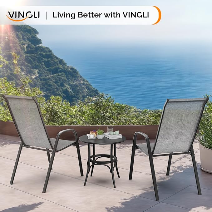 VINGLI Patio Chairs Set of 8 – Stackable Outdoor Dining Chairs with Comfortable Sling High Back Chairs and Armrests for Lawn, Poolside, Courtyard, Balcony, Garden, Silver Gray VINGLI