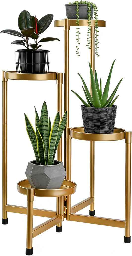 4 Tier 31 Inch Plant Stand Indoor Outdoor, Metal Plant Shelf Waterproof, Plant Holder with Folding Design For Home, Living Room, New Upgrate Gold Rootora