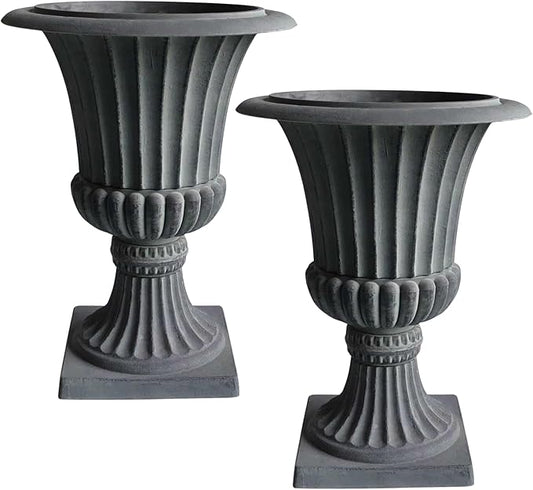 Urn Planters 22", Set of 2, Tall Stone-Resin Pedestal Planters for Outdoor Plants, Large Front Porch Decor, Patio Garden Pots, Outdoor Urns for Entryway, Porch & Deck, Grey Plant Pot Austram