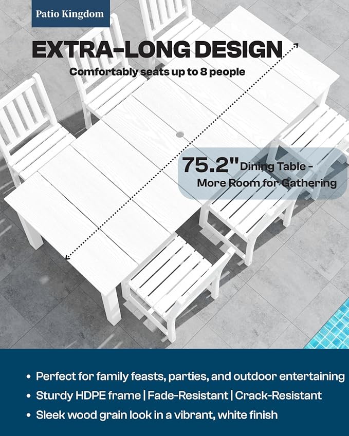 5-Piece White Outdoor Dining Set with White 15FT Large Patio Umbrella, 75.2'' HDPE Table & Chairs for 8, Weather-Resistant Furniture with Umbrella Hole for Patio, Lawn, Poolside PatioKingdom