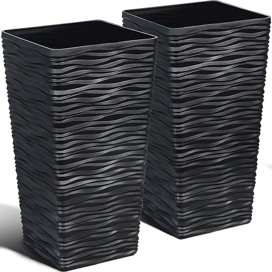 Worth Garden 2-Pack Black Tall Planter - Plastic Square Tapered Tree Plant Pots with Drainage Hole for Indoor Outdoor - 22" H Modern Wavy Finish Decorative Flower Pots for Front Porch Patio Deck WORTH