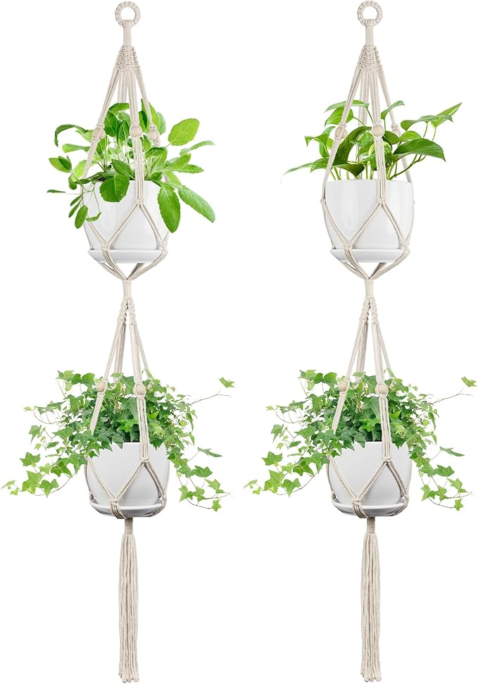Macrame Plant Hanger - Fits 4 to 8 inches Pots for Indoor Outdoor, 49 Inch, Set of 2, Ivory (POTS NOT Included) IDEEEPAN