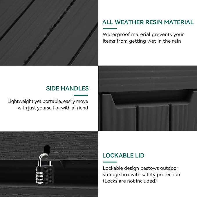 YITAHOME 45 Gallon Deck Box, Outdoor Storage Box for Patio Cushions, Outdoor Tools, Gardening Tools, Sports Equipment, and Throw Pillows, Lockable and Waterproof, Black YITAHOME