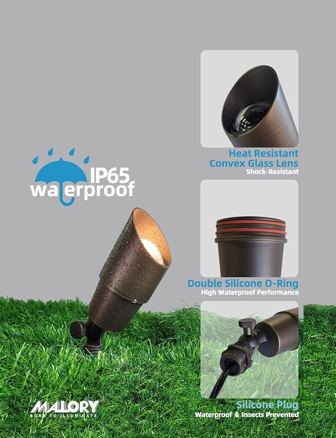 MALORY Brass Landscape Spotlight 4-Pack with Bulb(S01), Low Voltage 12V AC/DC LED Outdoor Landscape Lighting,PVC Ground Stake and Wire Connector Included, Garden Patio Trees Spot Uplight MALORY