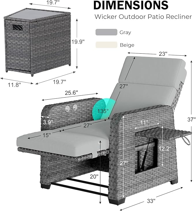 Restland Outdoor Recliner with Independent Adjustable Back & Footrest Wicker Patio Reclining Chair with Flip Table Comfortable Lounge Chair & Thick Cushion for Deck, Porch (3 Piece, Grey) Restland