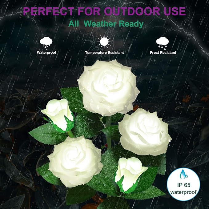 Solar Flower Lights Outdoor - Upgraded New Material Two Modes Realistic LED Solar Powered Waterproof Lights with 5 Roses, Solar Decorative Stake Lights for Garden (White, 1 Pack) LightYourLife