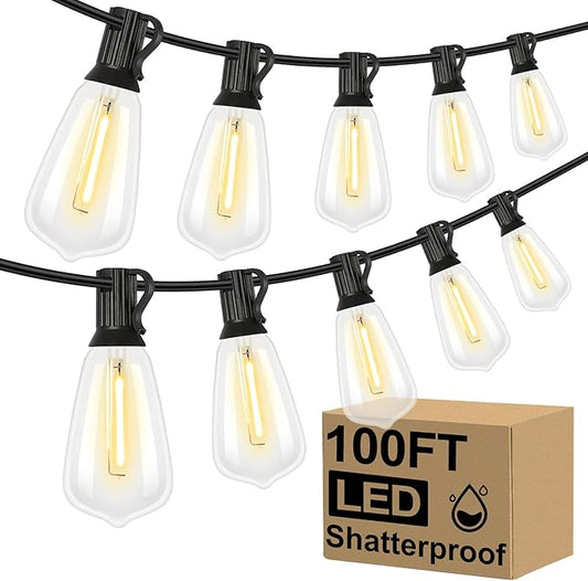 Brightever LED Outdoor String Lights 100FT Patio Lights with 52 Shatterproof ST38 Vintage Edison Bulbs, Outside Hanging Light Waterproof for Porch, Deck, Garden, Backyard, Balcony, 2700K Dimmable Brightever