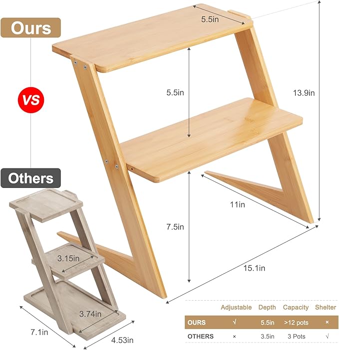 3 Tier Table Top Countertop Small Plant Stand with Shelf Adjustable, Bamboo Wooden Desk Plants Succulent Stand, Office Flower Pot Holder Rack ,Cup Cake Stand, Kitchen Spice Rack OcBuct