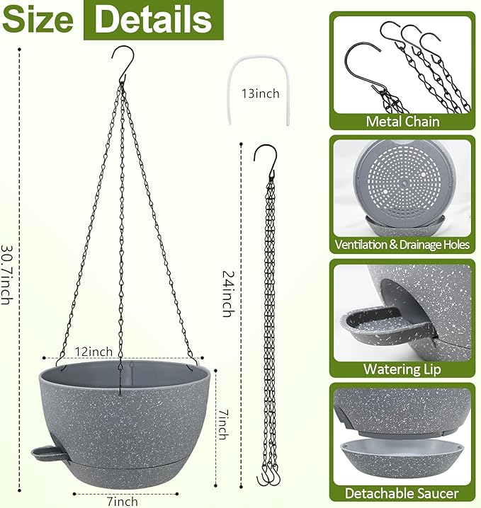 WOUSIWER Self Watering Hanging Planters, 2 Pack 12'' Plastic Pots with Drainage Holes & Reservoir Tray (Speckled Grey) | Indoor & Outdoor Use for Ferns, Ivy, Herbs, Succulents WOUSIWER