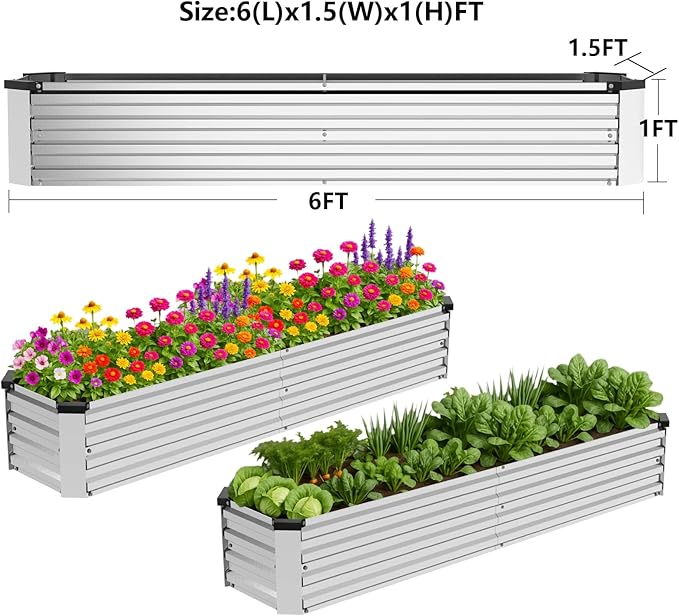 2 Pack 6x1.5x1FT Galvanized Metal Raised Garden Bed Kit for Vegetables, Herbs, Open-Bottom Large Capacity Outdoor Planter Box Gardening Stakes, Silver Rootora