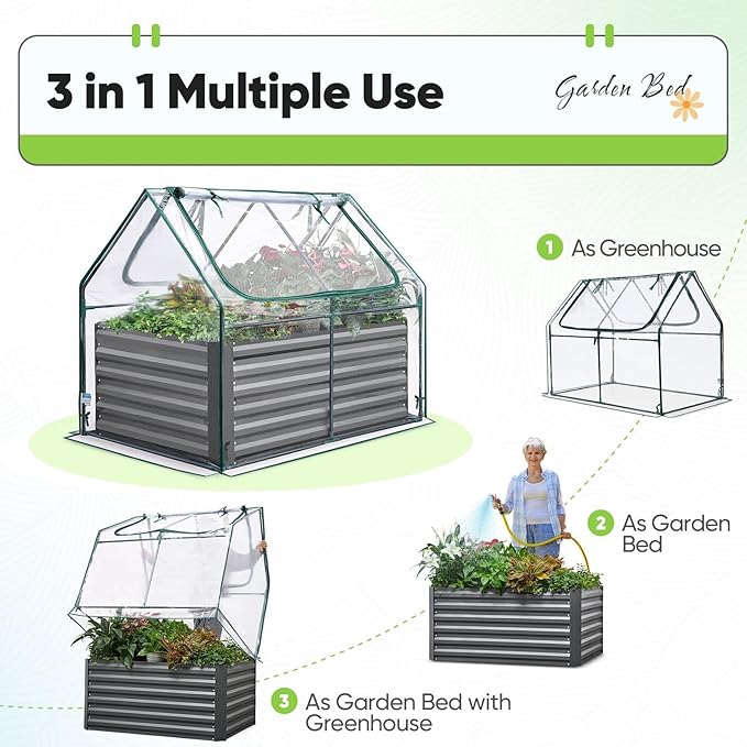 Quictent Raised Garden Bed Galvanized Raised Beds for Gardening Vegetables with Cover 4x3x2 ft Tall Metal Planter Box Outdoor Use (Clear) QUICTENT
