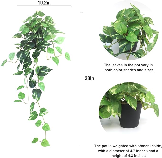Fake Pothos Hanging Plants - 33" Set of 2 Artificial Silk Ivy Vines with Pots, Realistic Faux Greenery for Indoor Home Office Bathroom Decor, Low Maintenance Hanging Plant Decoration - Golden Green ALYPTUS
