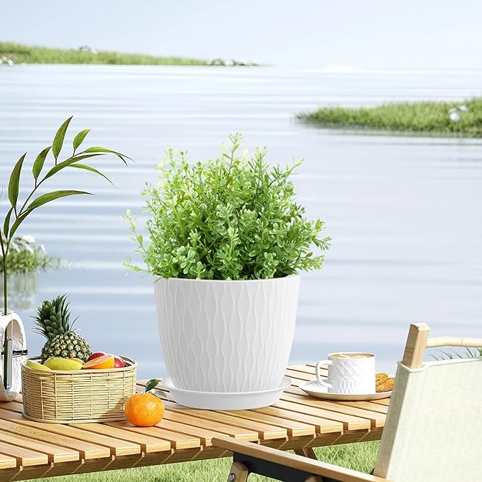 7 inch Plant Pots, 5 Pack Flower Pots with Drainage Holes and Saucers for Indoor Plants, Plastic Planters with Water Ripple for Small Garden House Plants, Nursery Pots for Succulent, White WSMKSZ