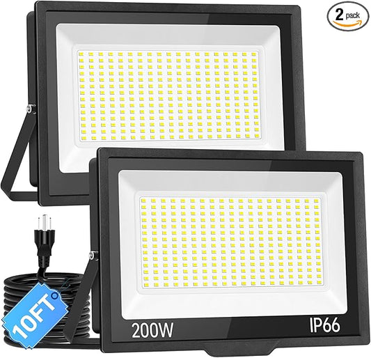 200W LED Flood Light Outdoor with Plug+10ft Wire, 24000Lm Super Brighter Security Light, IP66 Waterproof LED Worklight, 5000K Daylight White Exterior Floodlight for Yard Garden Garage Stadium(2 Pack) ISUERFY-BornforGlowParty