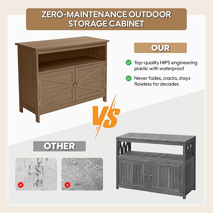 HIPS All-Weather Outdoor Storage Cabinet,Outdoor Sideboard with Magnetic Doors,3-Shelves Patio Storage Cabinet, Used for Garden,Buffet Cabinet,TV Stand, Bar Table,Balcony CONGFUTT