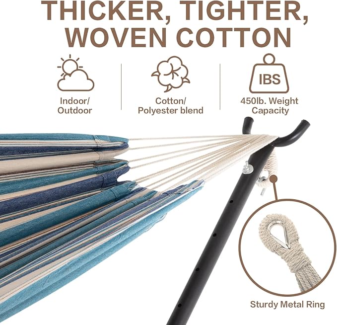PNAEUT Double Hammocks with Stand for Outside, Portable Space Saving Heavy-Duty Steel Stand for Indoor Outdoor Patio with Carrying Bag, 450 lbs Capacity (Lightblue) PNAEUT