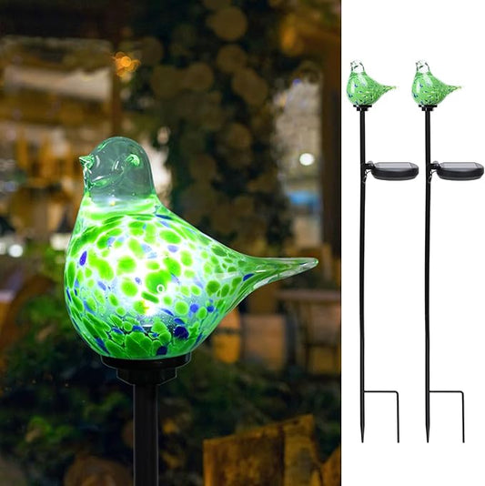Bshine Solar Garden Decoration Outdoor Green Bird Lights, 2 Pack Hand Blown Glass Bird Waterproof Solar Light Stake Hummingbird Decorate Paths, Pathways, Lawns and Yards Art for Mom Bshine