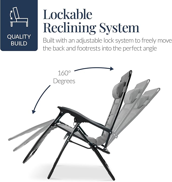 Best Choice Products Oversized Padded Zero Gravity Chair, Folding Outdoor Patio Recliner, XL Anti Gravity Lounger for Backyard w/Headrest, Cup Holder, Side Tray, Polyester Mesh - Ice Gray BestChoiceProducts