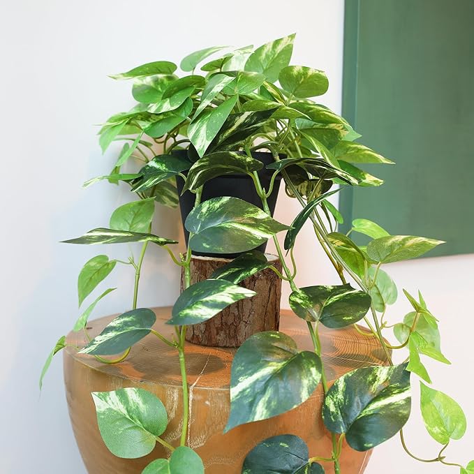 Fake Pothos Hanging Plants - 33" Set of 2 Artificial Silk Ivy Vines with Pots, Realistic Faux Greenery for Indoor Home Office Bathroom Decor, Low Maintenance Hanging Plant Decoration - Golden Green ALYPTUS