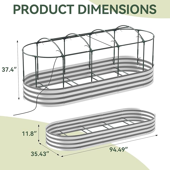 Raised Garden Bed with Self-Watering System, 8x3x1 ft Elevated Planter Boxes Outdoor with Mesh Cover, Oval Galvanized Raised Beds for Gardening,Vegetables,Flowers, Backyard, Patio Lineware