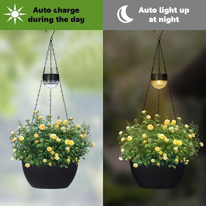 BAYN 2 Packs Solar Hanging Basket Planters for Plants Outdoor, Self Watering Black Flower Plants Pots with Solar Light Drainer for Balcony Patio Garden Outdoor Decoration BAYN