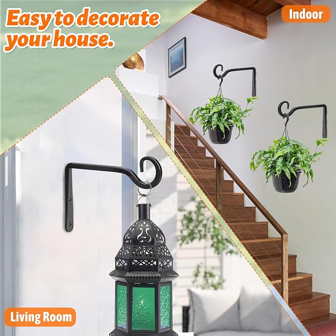 Plant Hangers Outdoor 4 Pack 10 Inch Metal Hanging Plant Bracket Metal Hanging Plant Hooks Indoor, Wall Hooks for Hanging Plants, Bird Feeder, Flower Basket, Wind Chimes Black (4PCS) ROPCIA