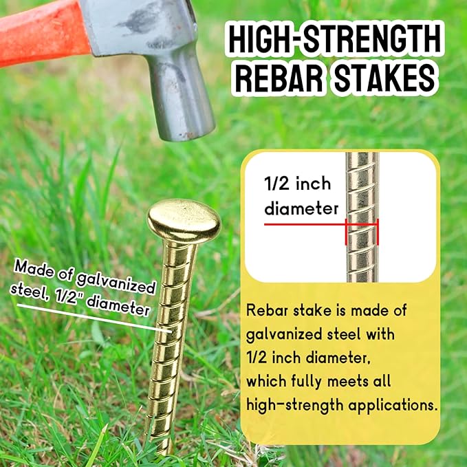 16 Inch Rebar Stakes - 1/2 Inch Diameter Galvanized Steel Ground Anchors - Heavy Duty Plant Support Garden Stake for Speed Bump, Wheel Stop, Tent (10 Pack) JPOIP