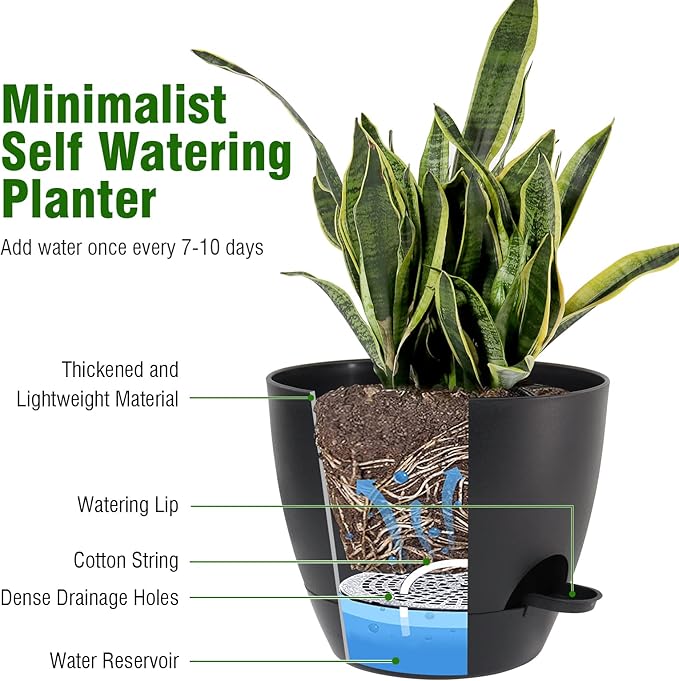 Large Self Watering Pots, 12/10/9 Plastic Planters with High Drainage Holes and Deep Reservoir for Indoor Outdoor Garden Plants and Flowers, Black UOUZ