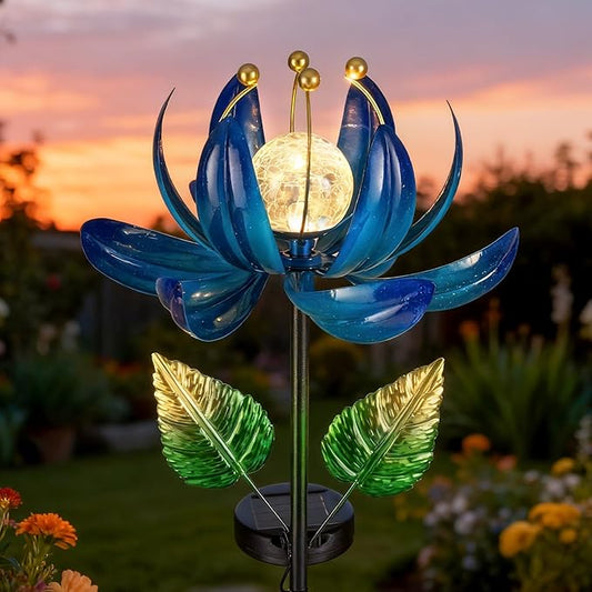 Solar Garden Lights Metal Flower Decor, Colorful Lotus Pathway Spinning Windmill with LED Cracked Crystal Ball Outdoor Decorative Stake Lighting Waterproof Flower Sculpture for Patio Yard AIINY