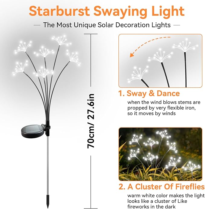 Solar Garden Lights 2 Pack Waterproof Solar Swaying Starburst Light Outdoor Lights for Yard Patio Walkway Pathway Party Wedding Christmas Decoration, White Yaafen