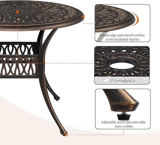 VINGLI 35.4' Dia Patio Dining Table with Umbrella Hole, Cast Aluminum Bistro Table for Outdoor Garden Use (35.4' Dia x 29.5' H) VINGLI
