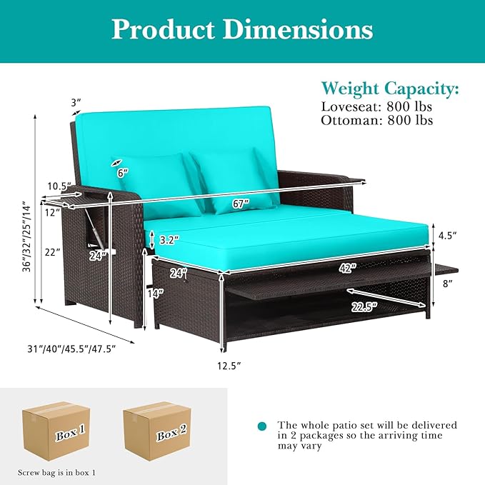 Nightcore Wicker Patio Outdoor Daybed, Outdoor Chaise Lounger w/ 4-Level Adjustable Backrest, Retractable Side Trays, Storage Ottoman, Comfortable & Removable Cushions, Rattan Loveseat (Turquoise) Goplus